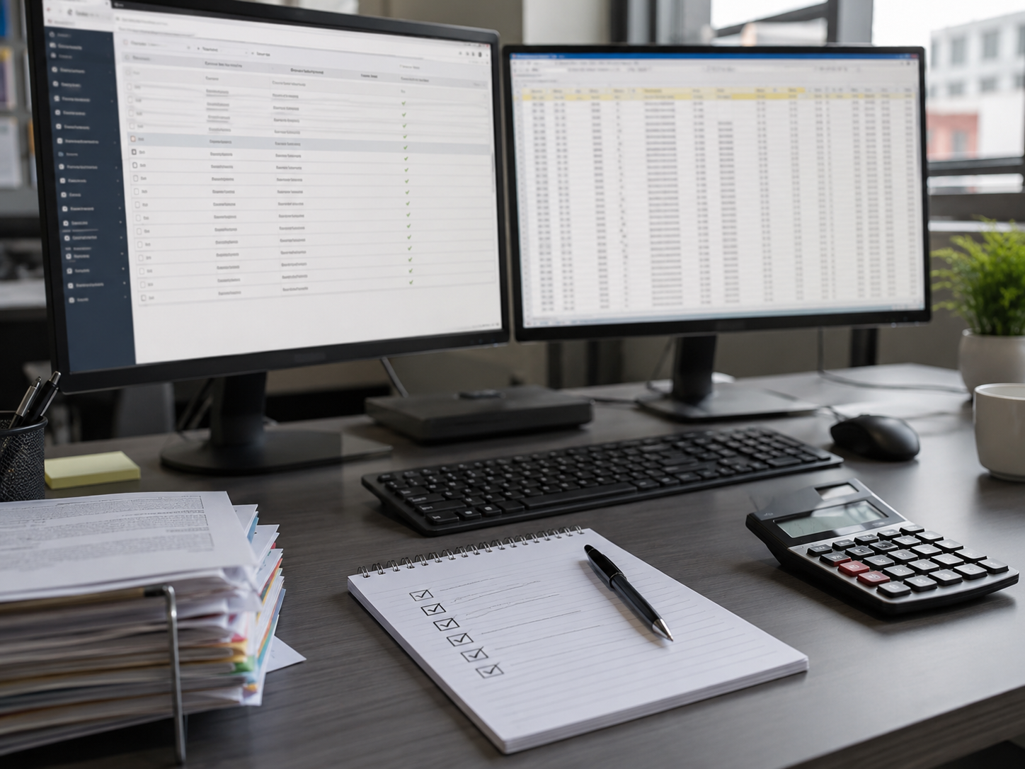 Bookkeeper comparing ecommerce reconciliation tools on two screens with a checklist on paper