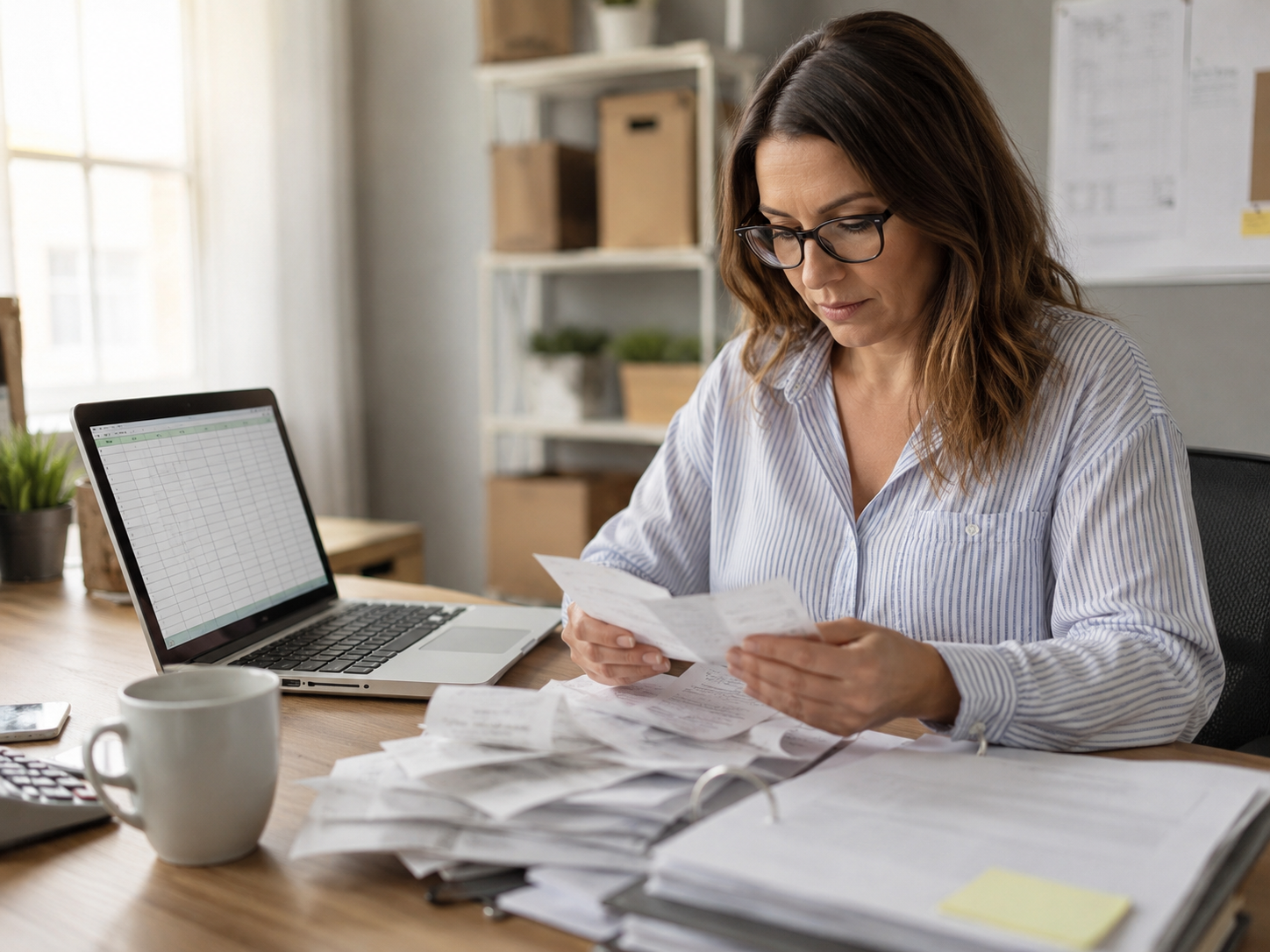 Small business owner reviewing receipts and expense records for 2026 tax deductions