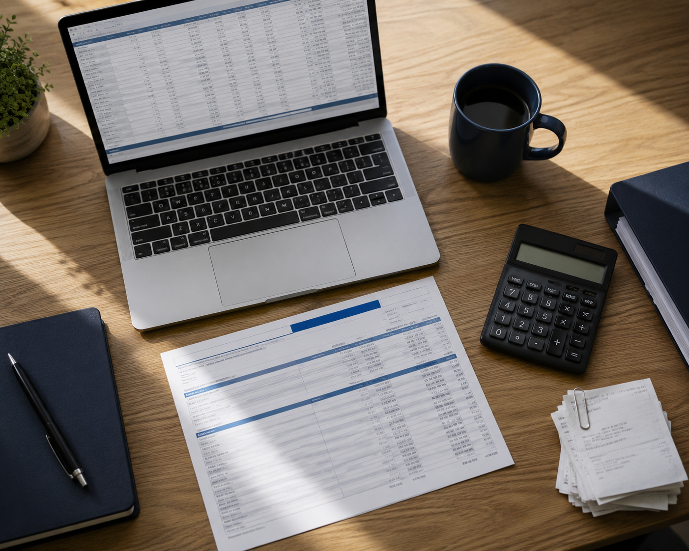 Desk with laptop, bank statement and receipts set up for a monthly bookkeeping checklist