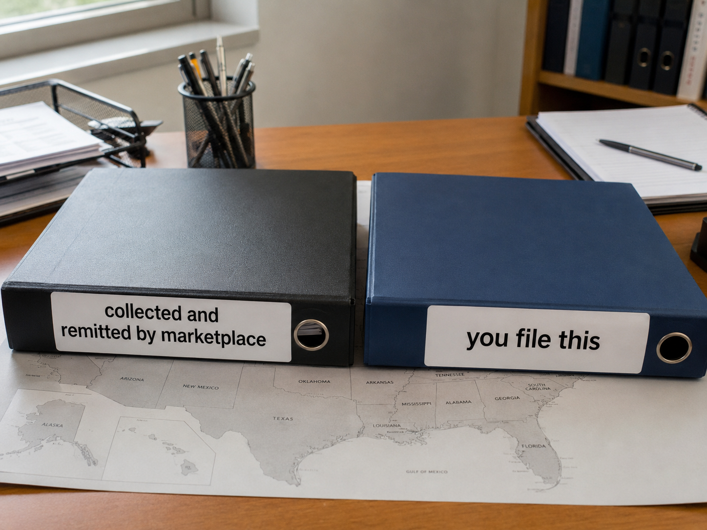 Two binders separating marketplace facilitator sales tax from seller-filed sales tax obligations