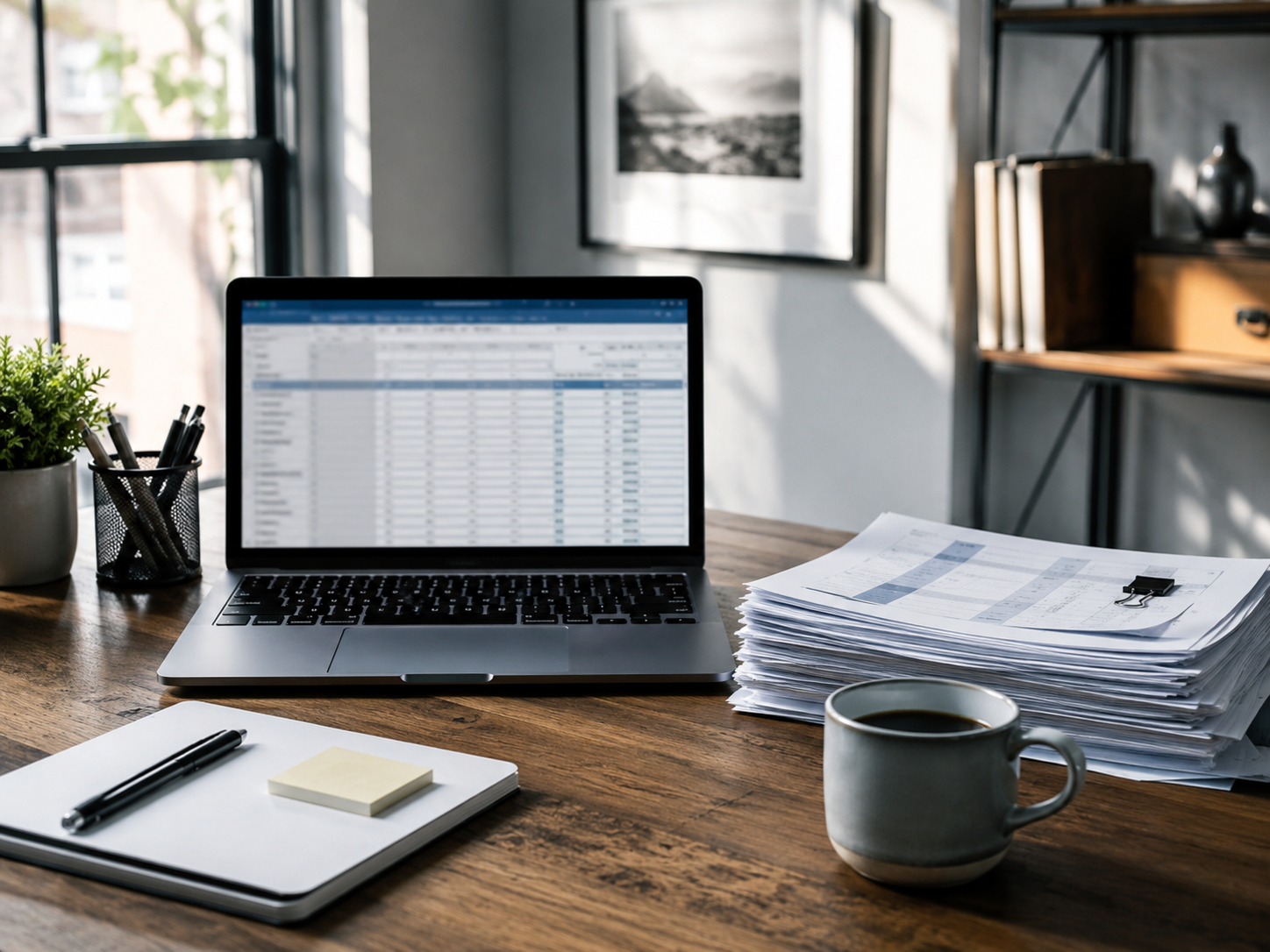 Founder reviewing cash flow spreadsheet and unpaid invoices during the first year of business